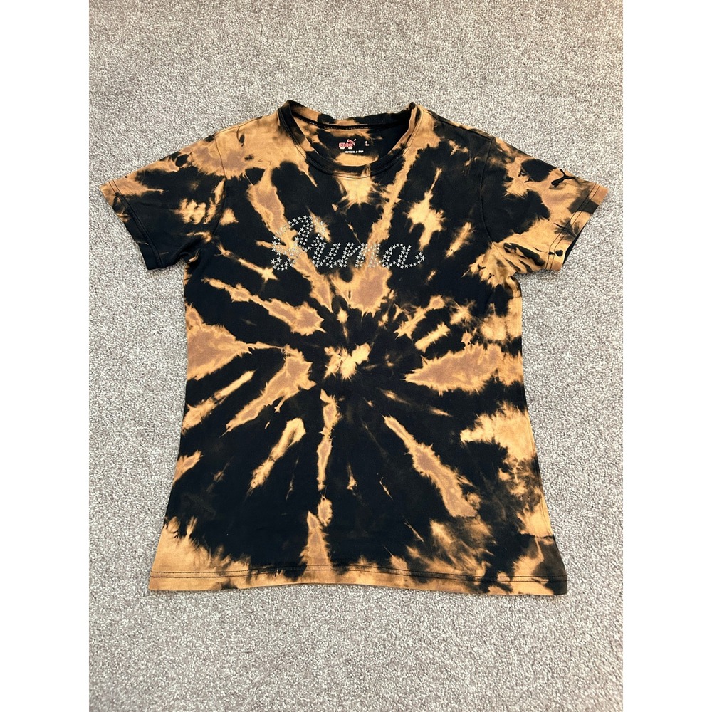 Puma T-Shirt Womens Large Black Tan Excellent Bleach Tie Dye Rhinestone Star